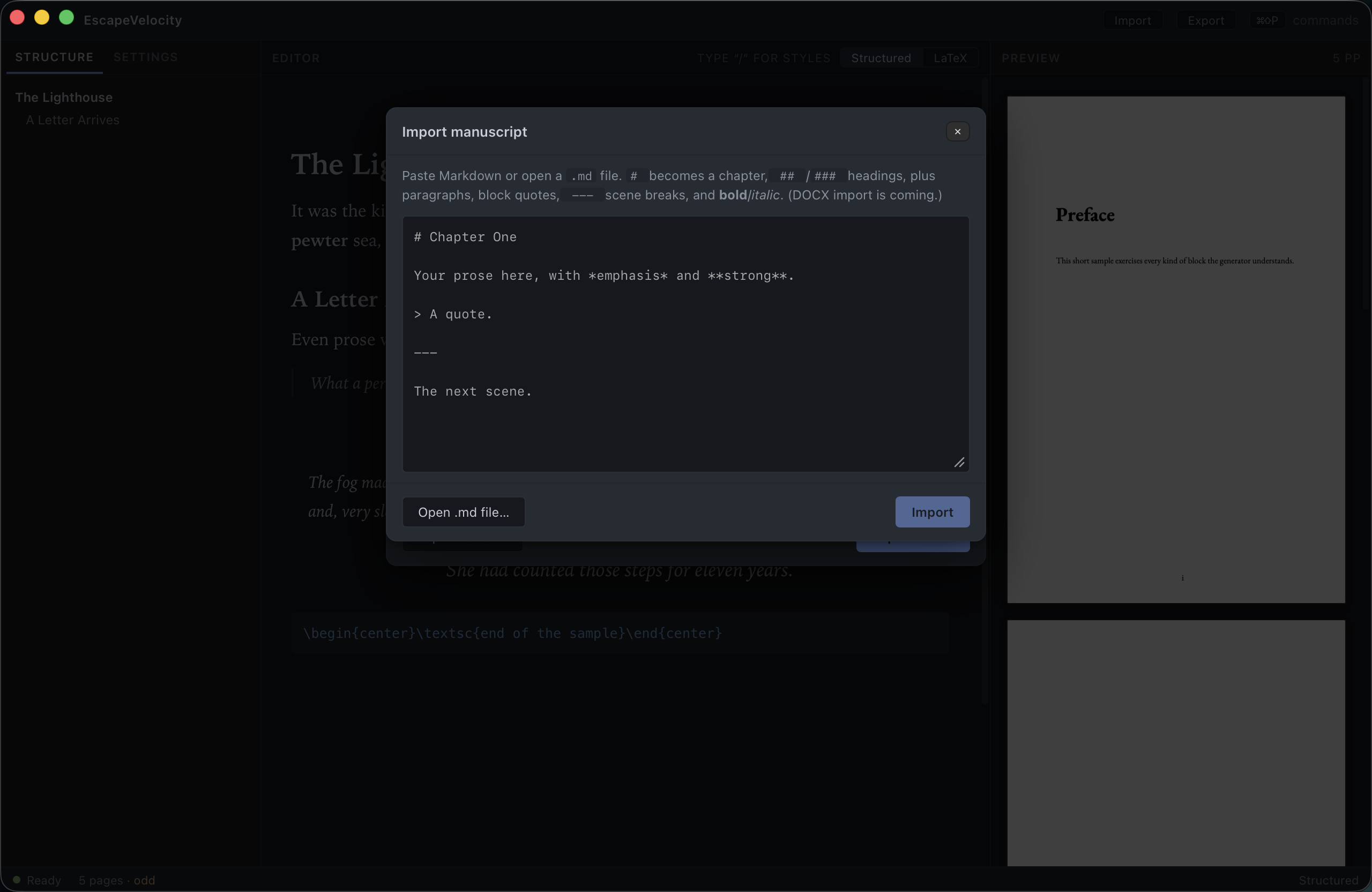 The Import manuscript dialog