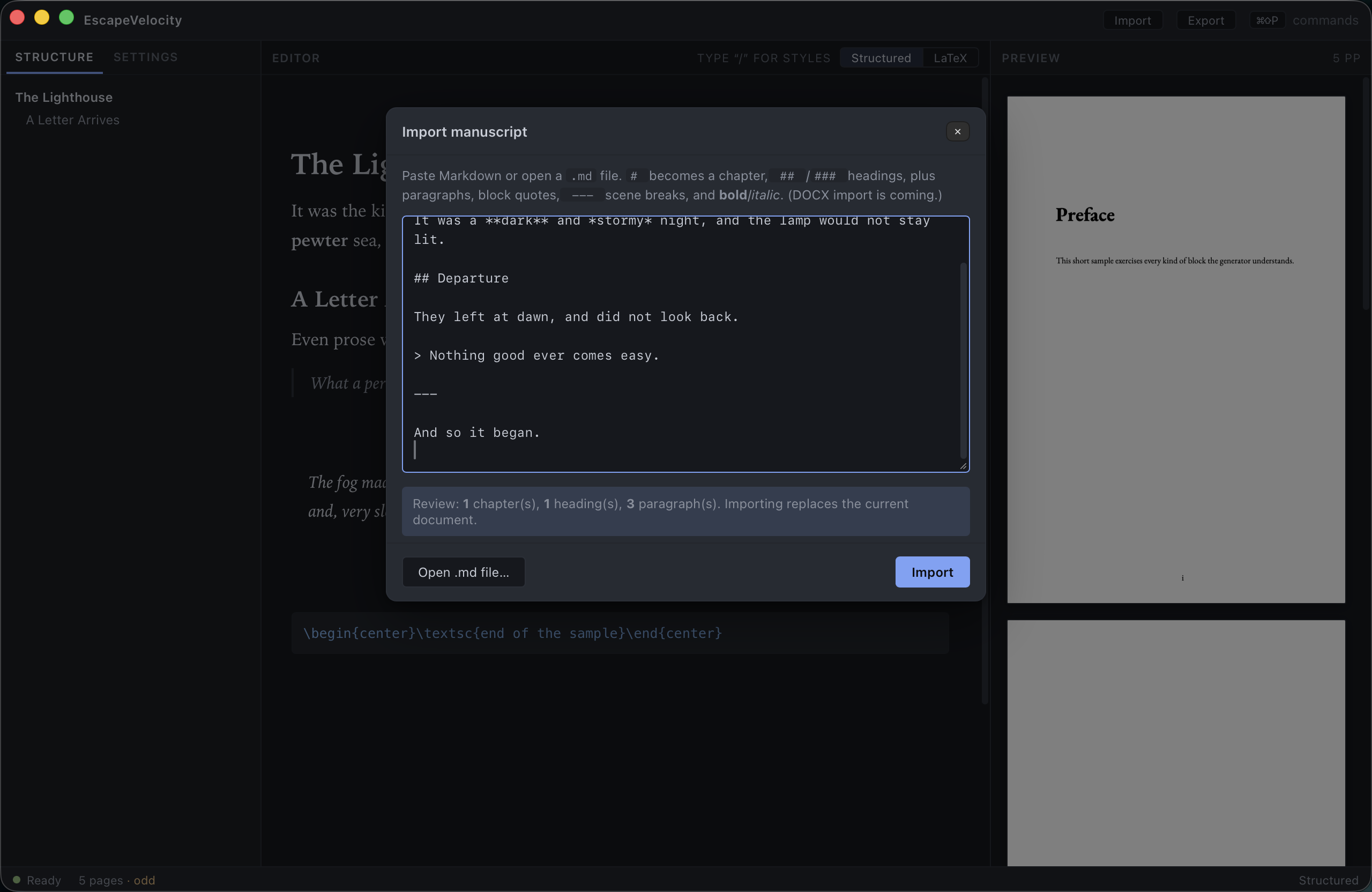 The Import dialog with pasted Markdown and a review summary