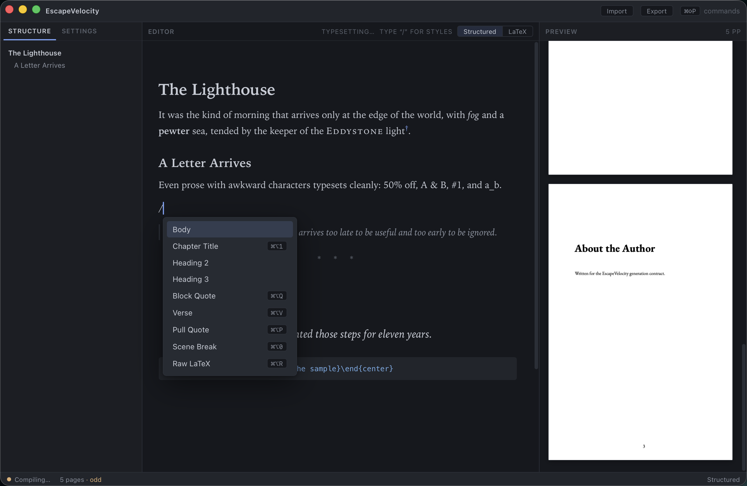 The structured editor with the slash menu open