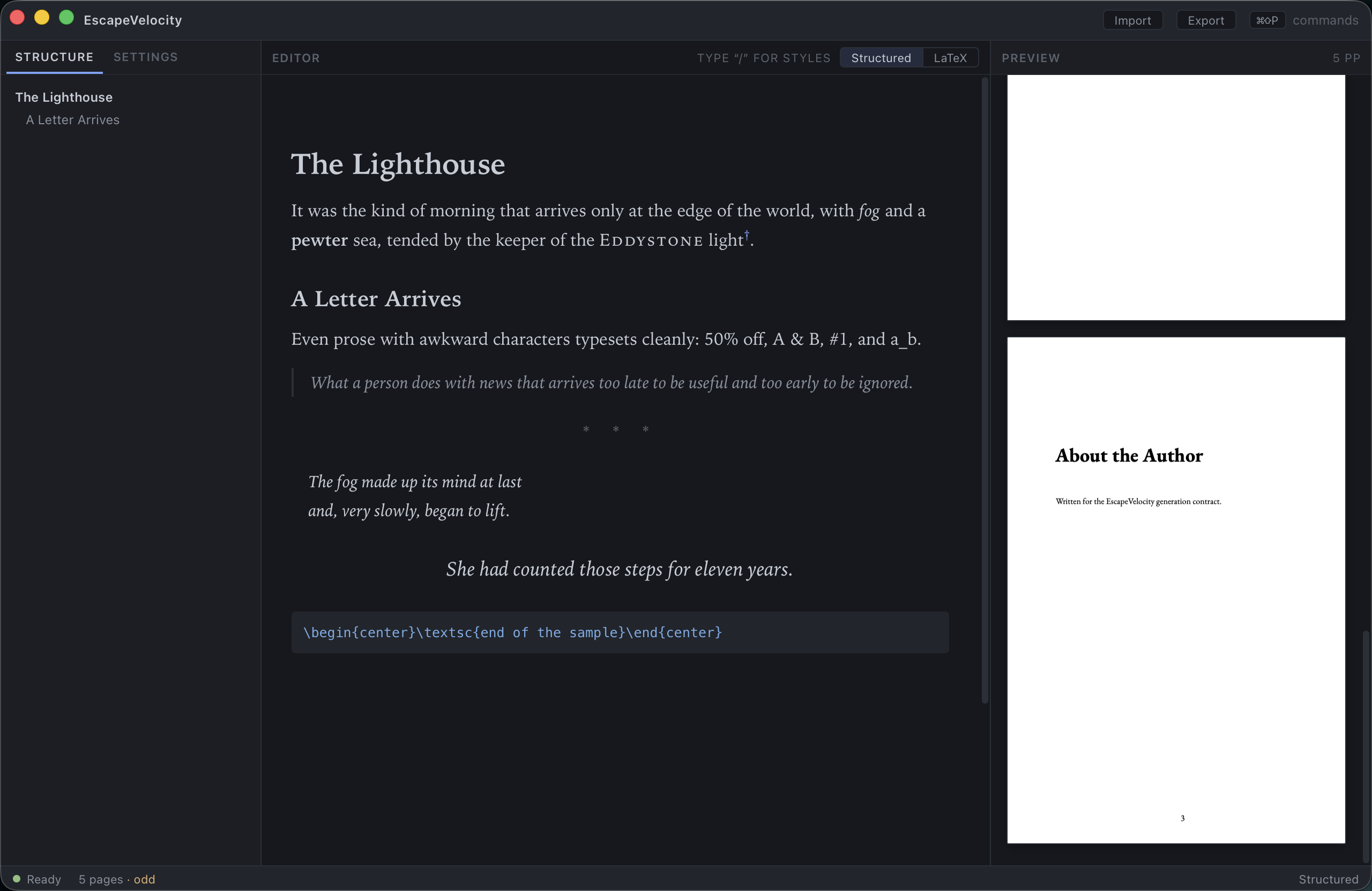 The EscapeVelocity workspace: Structure, Editor, and page-true Preview